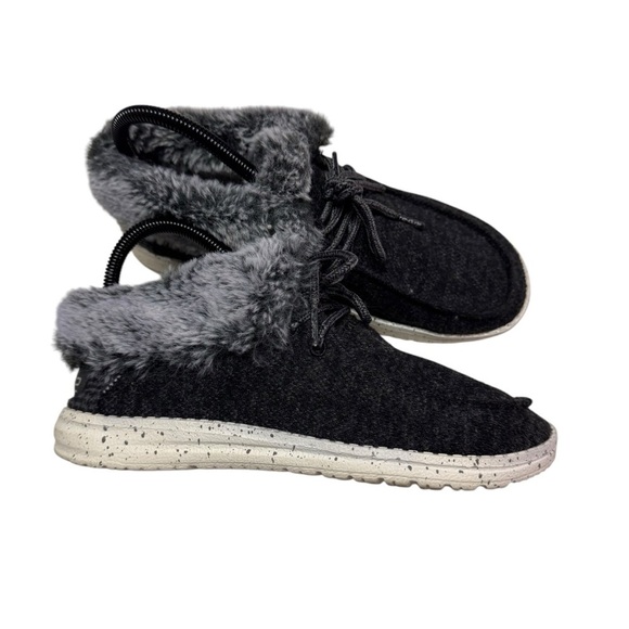 Hey Dude Britt Women Size 7 Faux Fur Slip On Shoes Black Grey Wendy Fold Casual - Picture 3 of 7